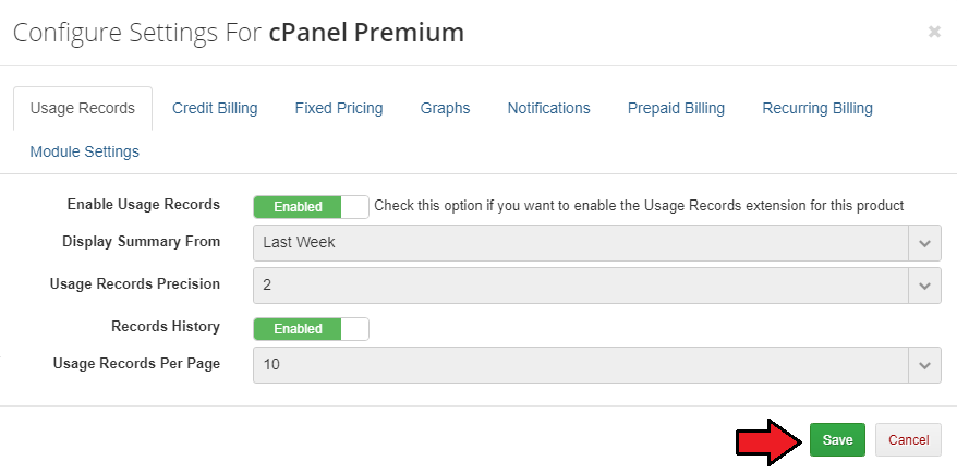 Advanced Billing 3.X For WHMCS: cPanel Premium settings modal with the Usage Records tab and its options