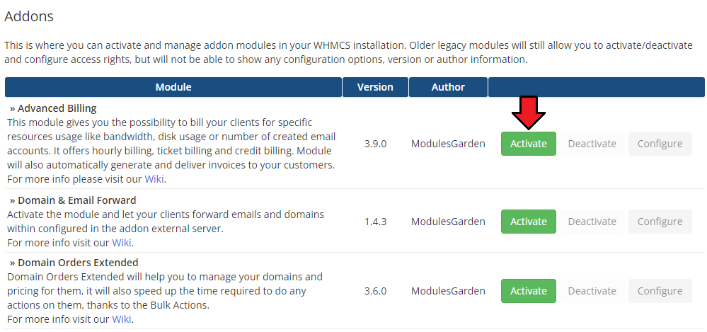 Advanced Billing 3.X For WHMCS: WHMCS Addon Modules list with the Advanced Billing Activate button