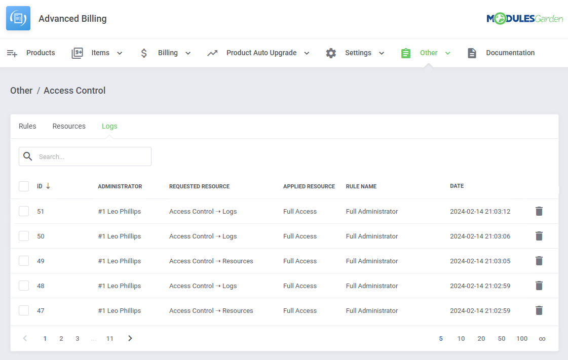 Advanced Billing For WHMCS: access Control Logs tab with the table of requests and trash bin icons