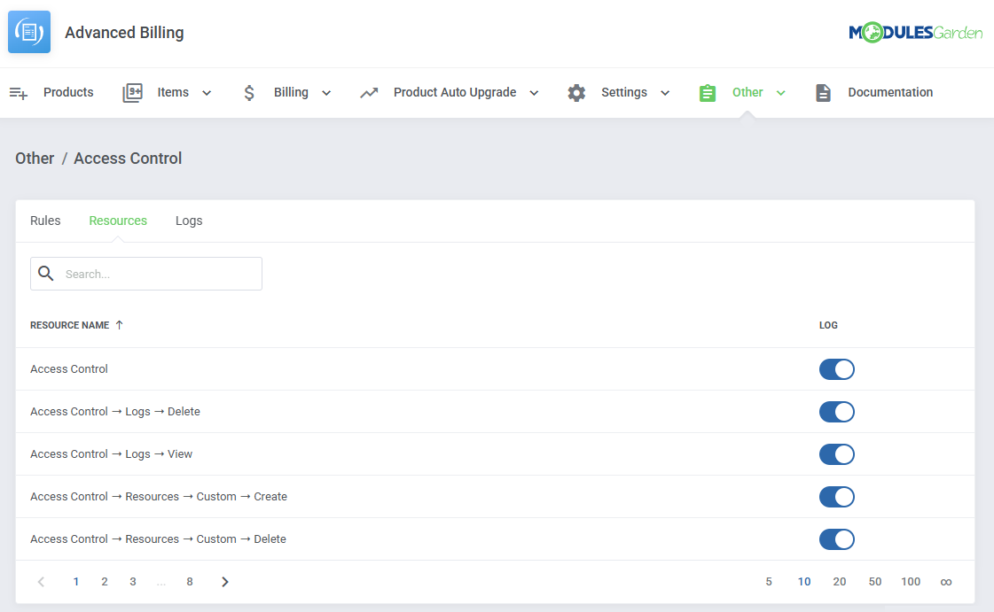 Advanced Billing For WHMCS: access Control Resources tab with a Log toggle for each resource