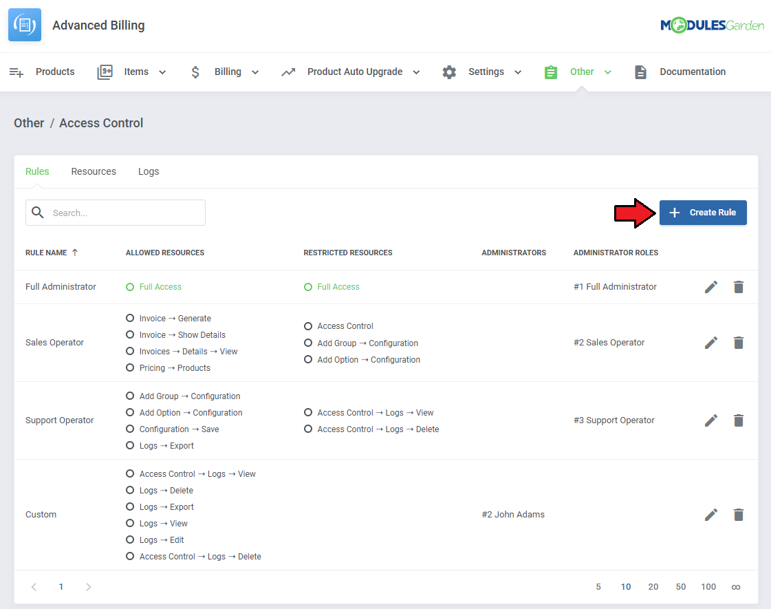 Advanced Billing For WHMCS: access Control Rules list with the Create Rule button marked