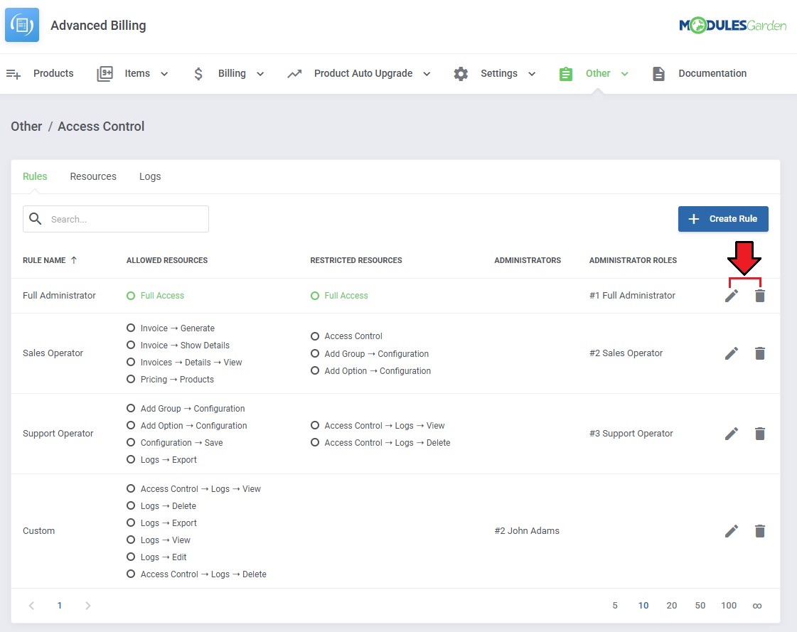 Advanced Billing For WHMCS: access Control Rules list with the edit and delete icons marked next to a rule