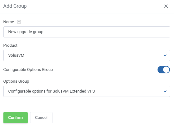 Advanced Billing For WHMCS: Add Group dialog with name, product and configurable options group fields