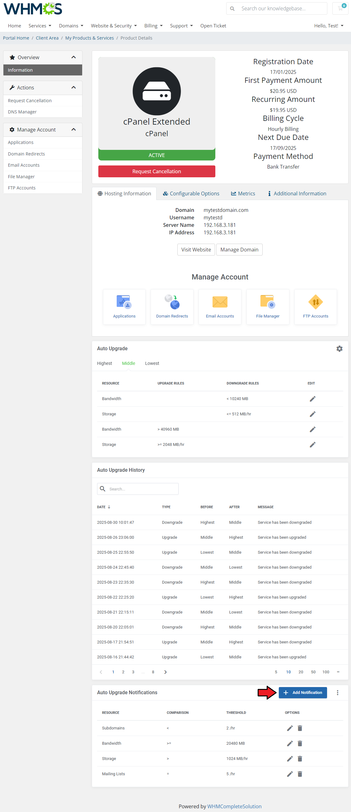 Advanced Billing For WHMCS: WHMCS client area Auto Upgrade Notifications section with the Add Notification button marked