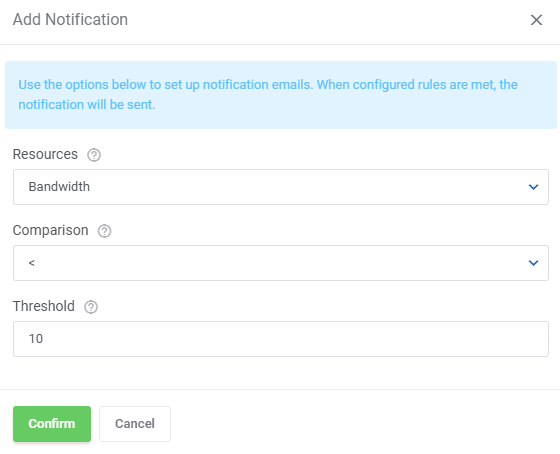 Advanced Billing For WHMCS: add Notification dialog with Resources, Comparison and Threshold fields