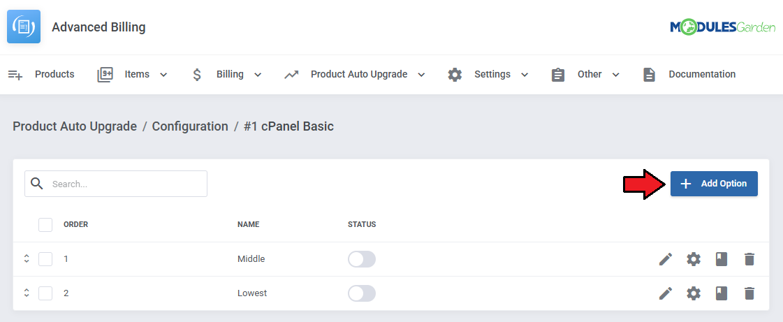 Advanced Billing For WHMCS: group option list with the Add Option button highlighted