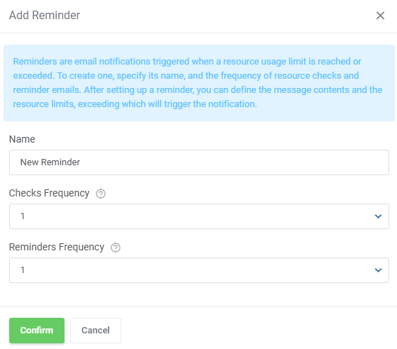 Advanced Billing For WHMCS: Add Reminder dialog with the name, checks frequency and reminders frequency fields