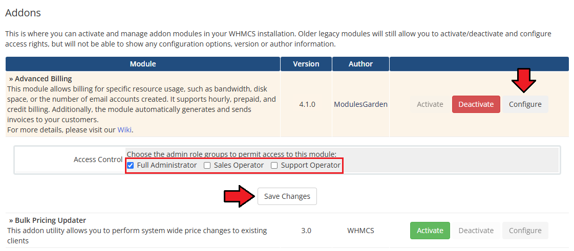 Advanced Billing For WHMCS: WHMCS Addon Modules access control with admin role checkboxes and the Save Changes button