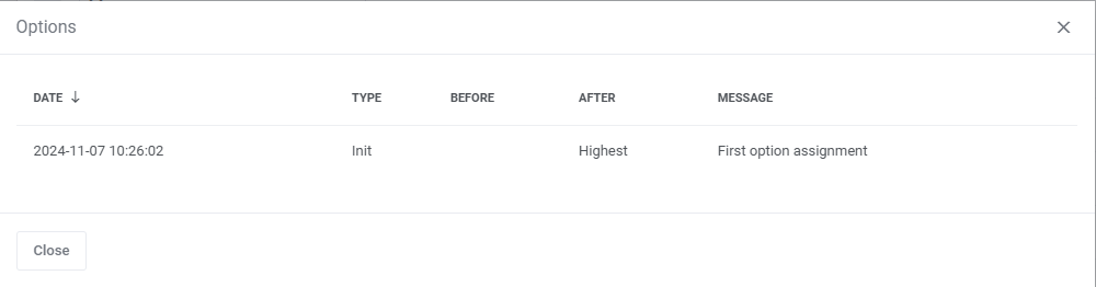 Advanced Billing For WHMCS: Options dialog showing the auto upgrade history entry of an account