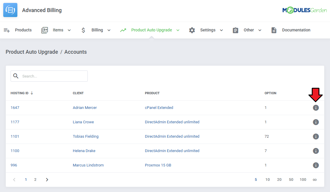 Advanced Billing For WHMCS: Product Auto Upgrade Accounts list with the details button highlighted