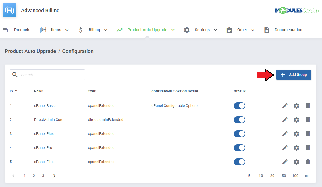 Advanced Billing For WHMCS: Product Auto Upgrade Configuration list with the Add Group button highlighted