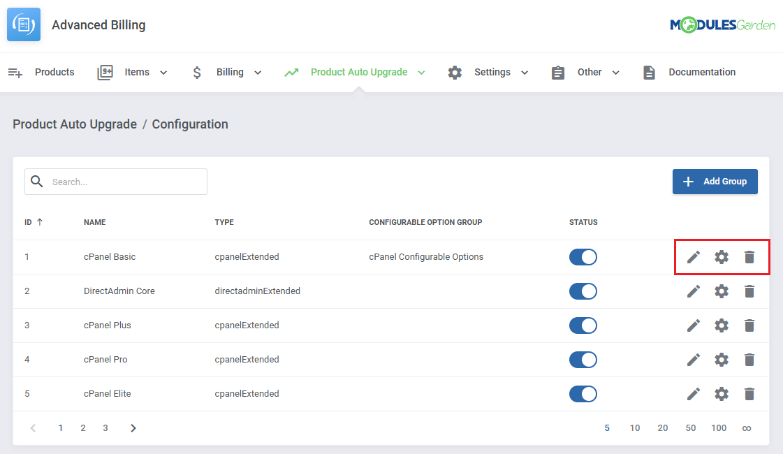 Advanced Billing For WHMCS: Product Auto Upgrade groups list with the edit, settings and delete buttons highlighted