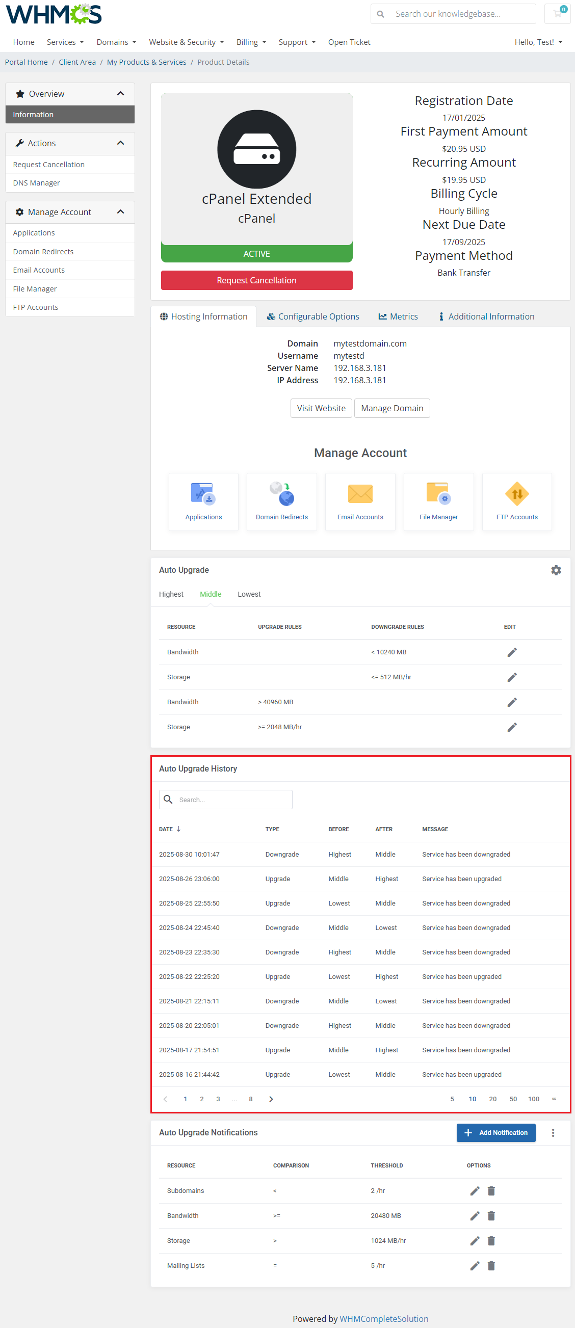 Advanced Billing For WHMCS: WHMCS client area product page with the highlighted Auto Upgrade History table