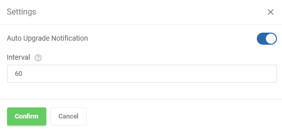 Advanced Billing For WHMCS: settings dialog with the Auto Upgrade Notification toggle and the Interval field