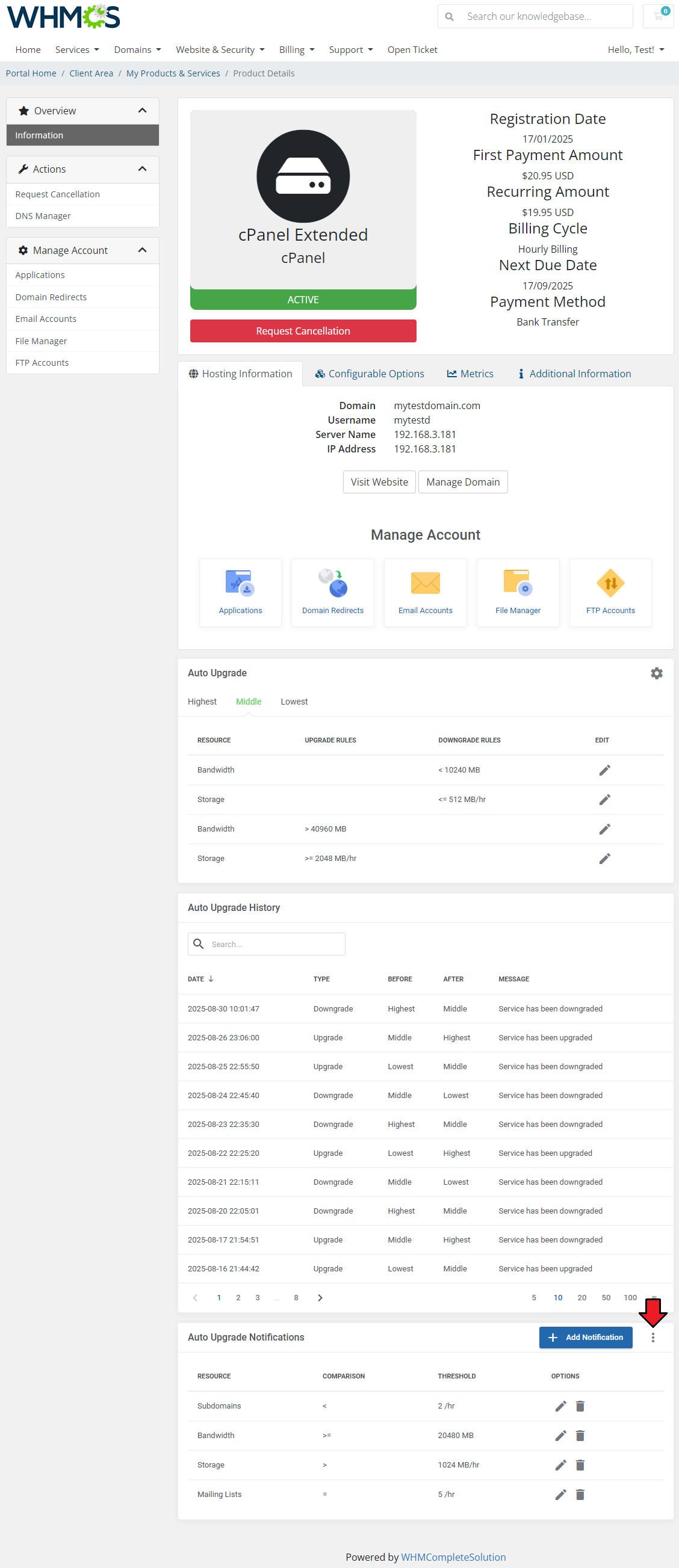 Advanced Billing For WHMCS: WHMCS client area Auto Upgrade Notifications section with the additional actions button