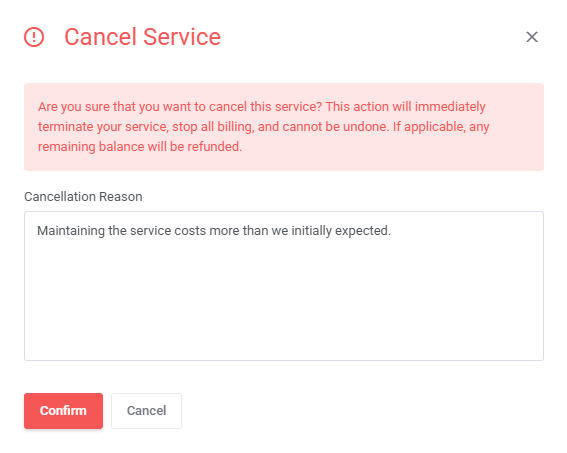 Advanced Billing For WHMCS: Cancel Service dialog in the client area with the cancellation reason field and Confirm