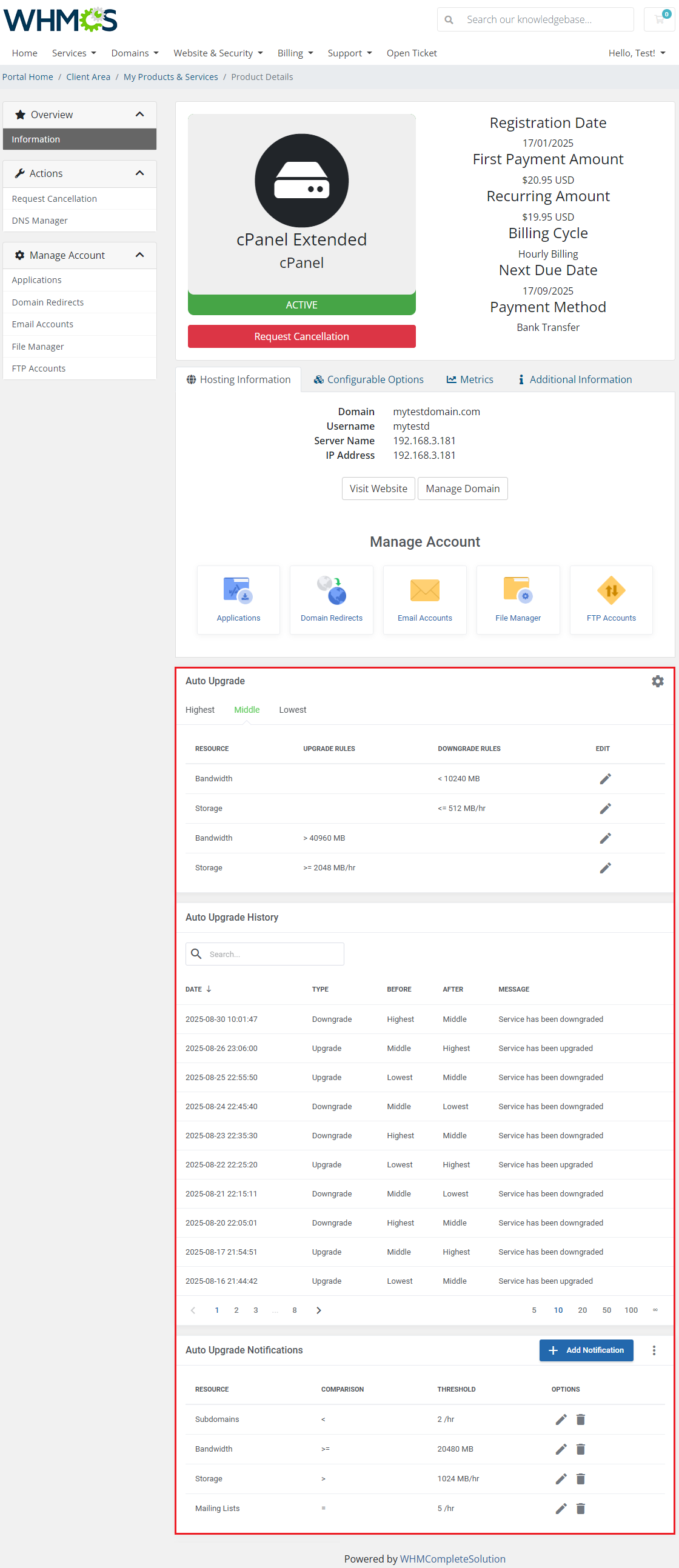 Advanced Billing For WHMCS: client area product page with the Auto Upgrade rules, upgrade history and notifications