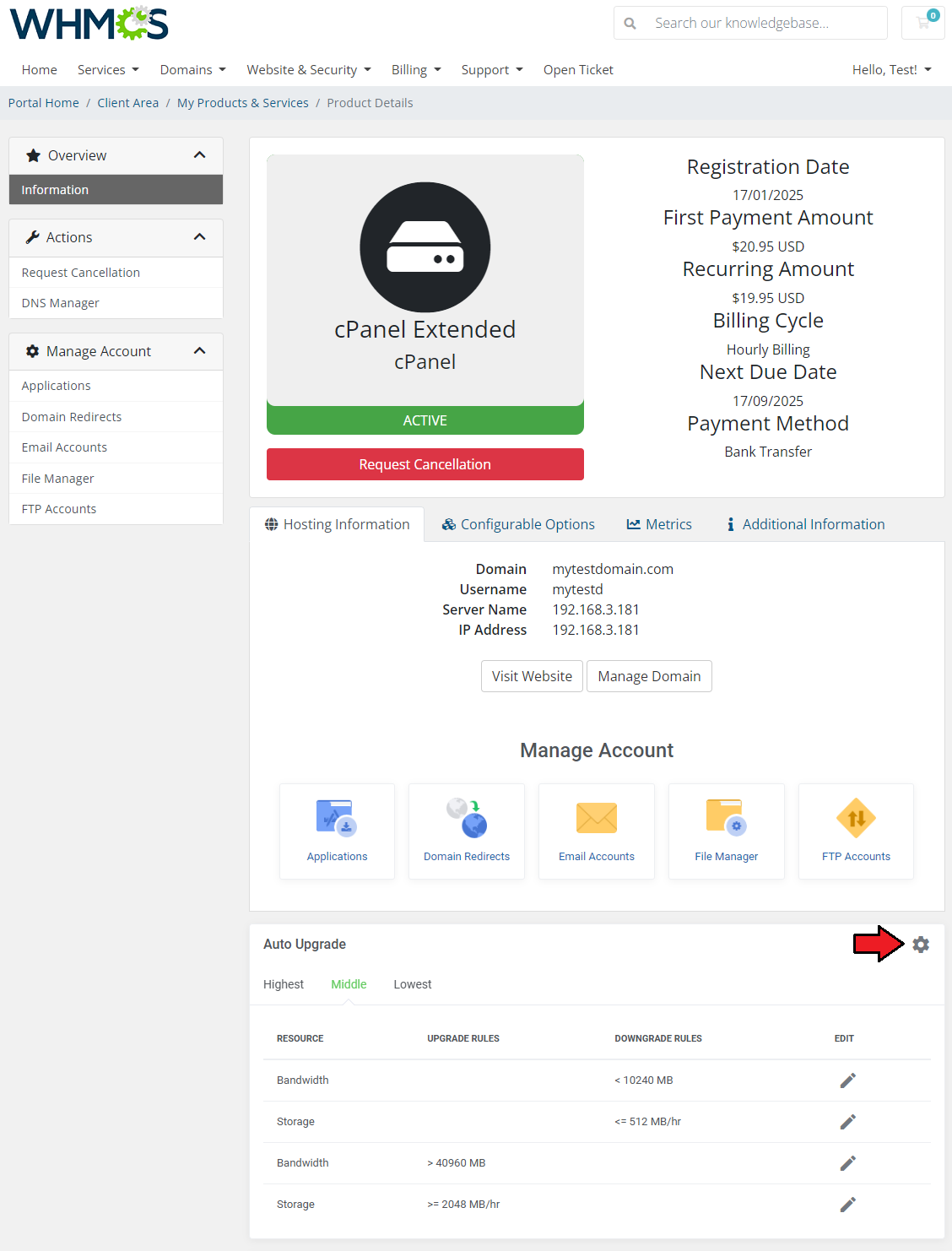Advanced Billing For WHMCS: client area product page with the Auto Upgrade section and the Settings icon highlighted