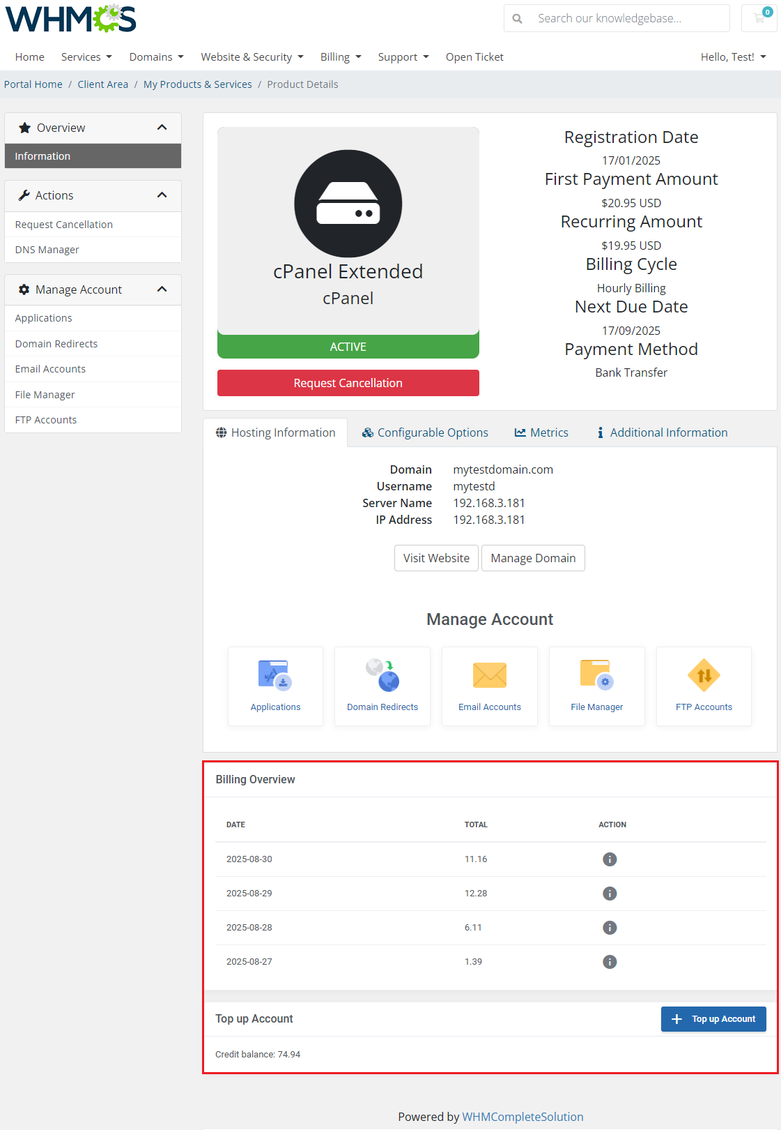 Advanced Billing For WHMCS: WHMCS client area product page with the Billing Overview table and the Top up Account button
