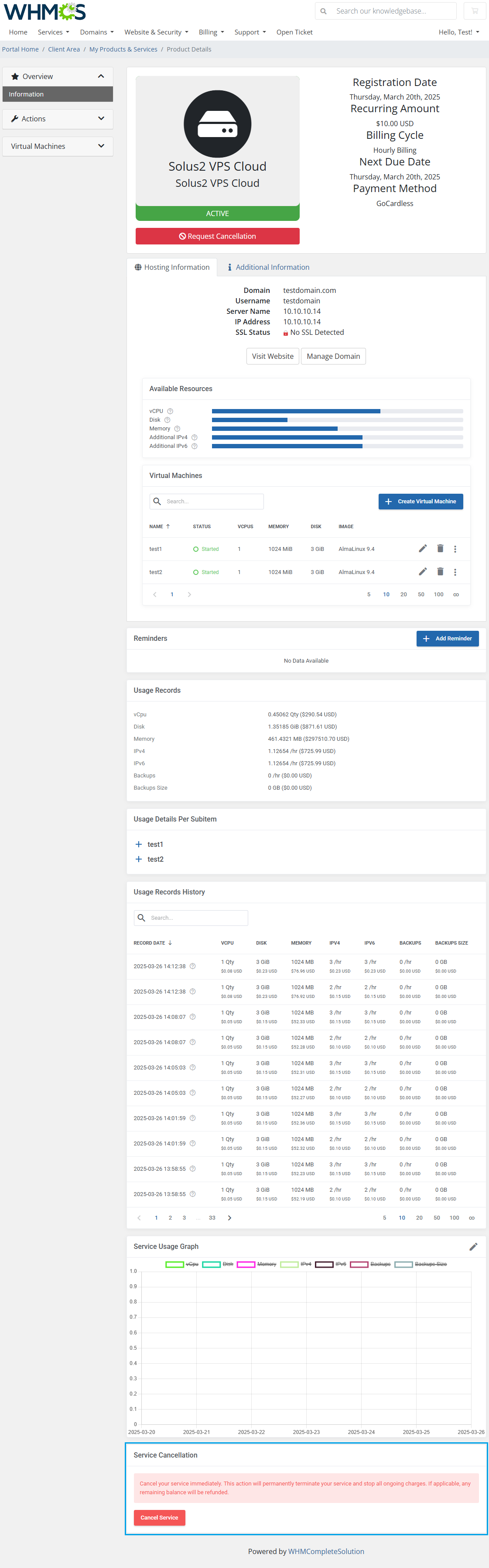 Advanced Billing For WHMCS: client area product page with the Service Cancellation box and the Cancel Service button