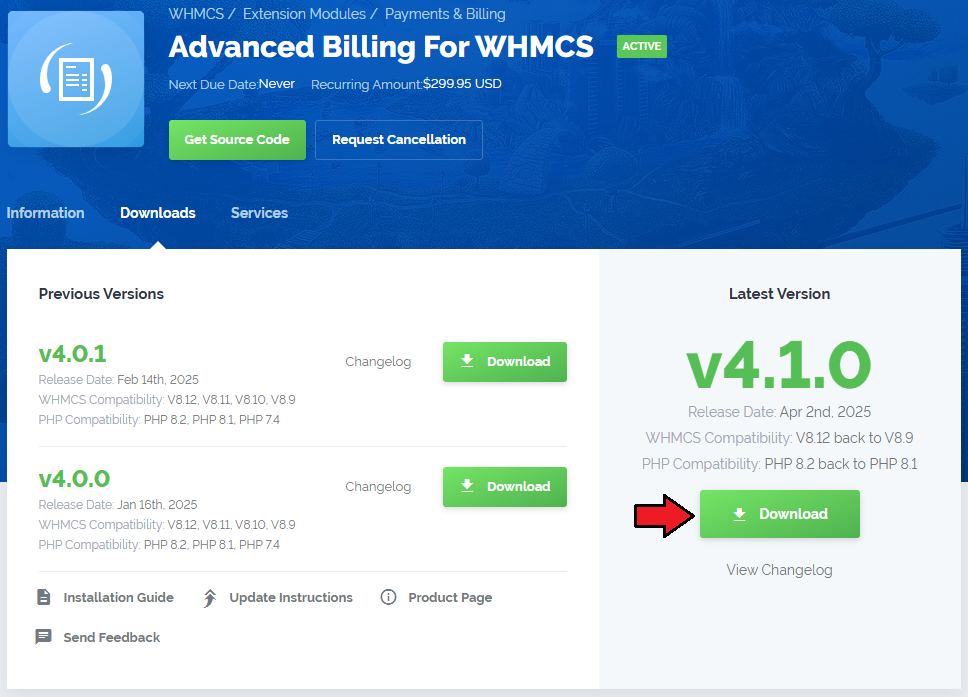 Advanced Billing For WHMCS: client area product page Downloads tab with the Download button for the latest module