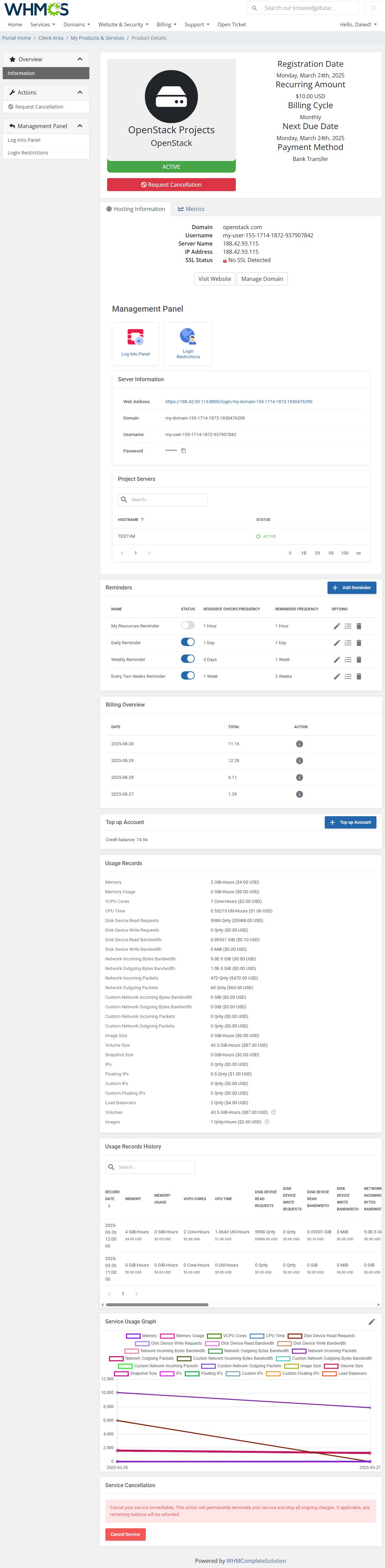 Advanced Billing For WHMCS: WHMCS client area OpenStack Projects page with reminders, billing, usage records, graph