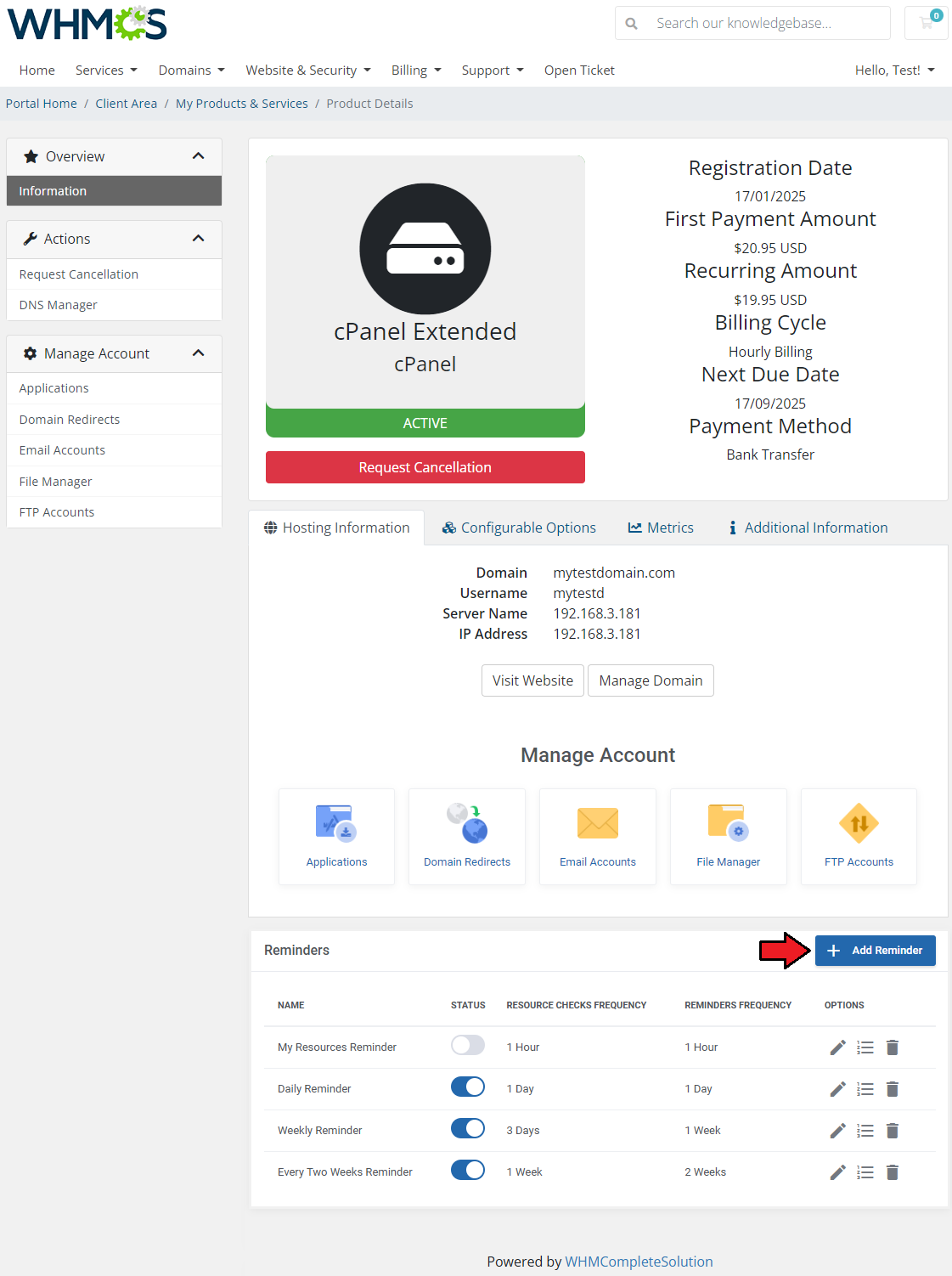 Advanced Billing For WHMCS: WHMCS client area product page with the Reminders table and the Add Reminder button