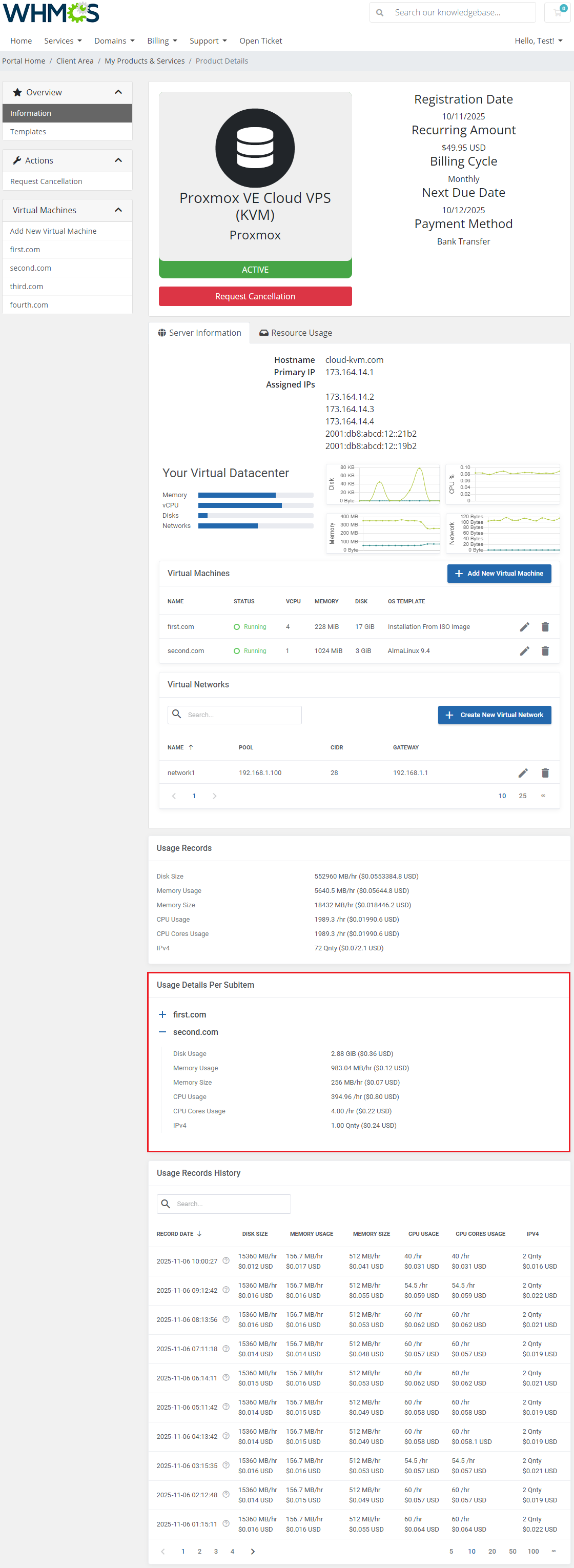 Advanced Billing For WHMCS: Proxmox VE Cloud VPS client area with the Usage Details Per Subitem section highlighted