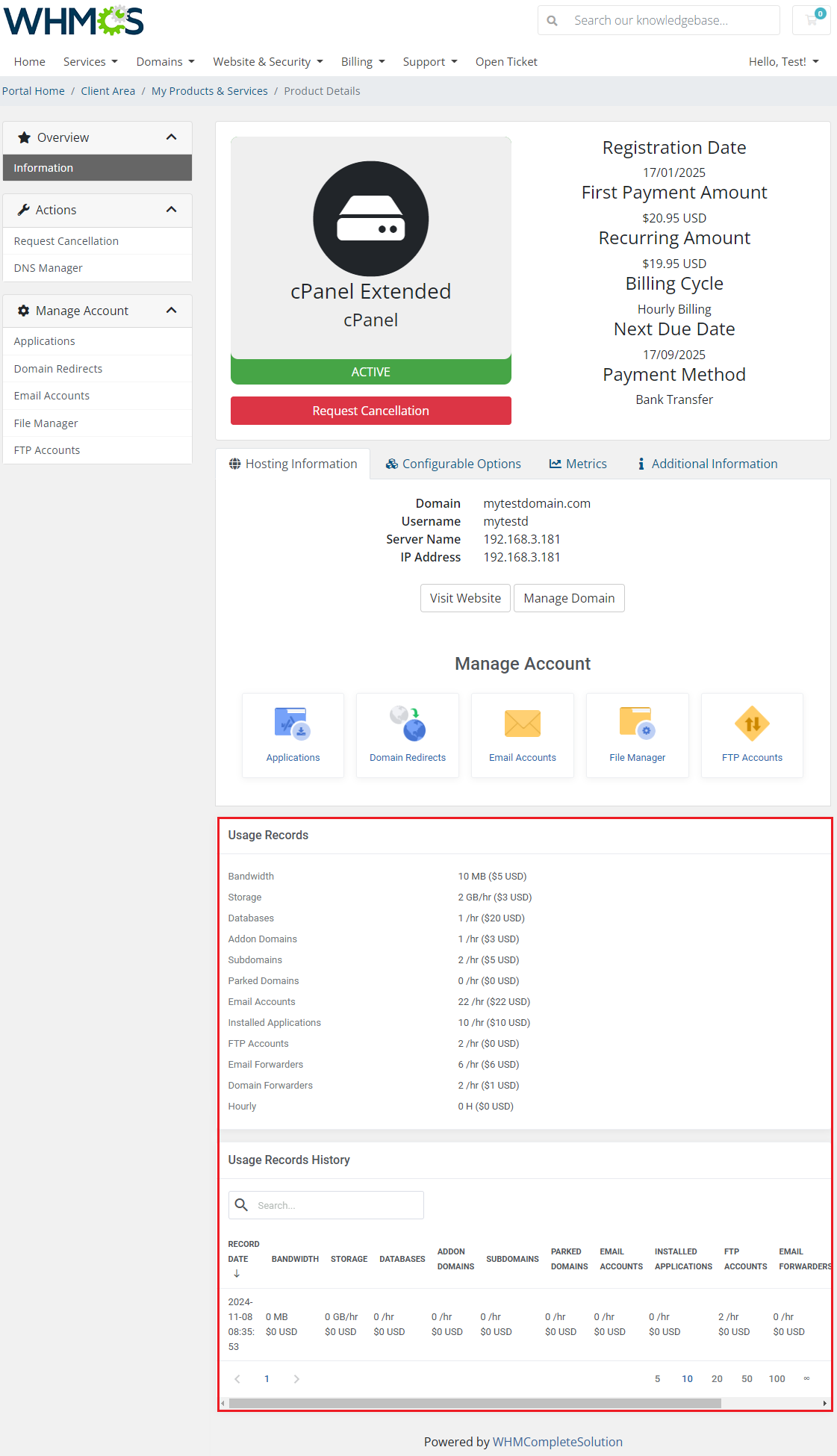 Advanced Billing For WHMCS: client area product page with the Usage Records and Usage Records History sections