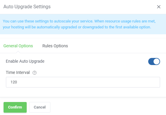 Advanced Billing For WHMCS: client area Auto Upgrade Settings dialog on the General Options tab with time interval