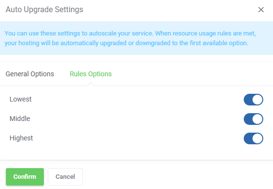 Advanced Billing For WHMCS: client area Auto Upgrade Settings dialog on the Rules Options tab with rule switches