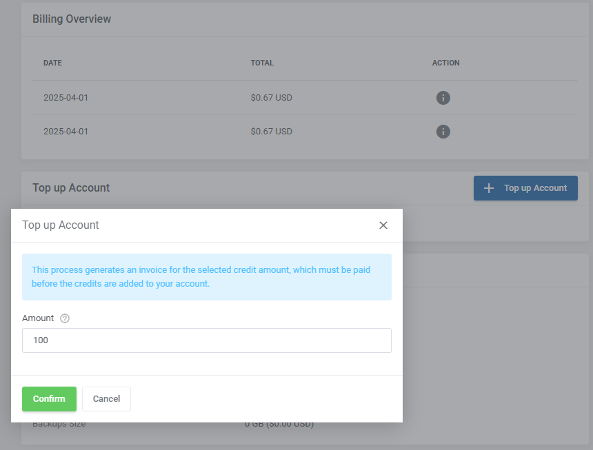 Advanced Billing For WHMCS: top up Account dialog in the client area with an Amount field and invoice notice