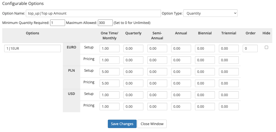 Advanced Billing For WHMCS: WHMCS configurable option of type Quantity named top_up with setup fees per currency