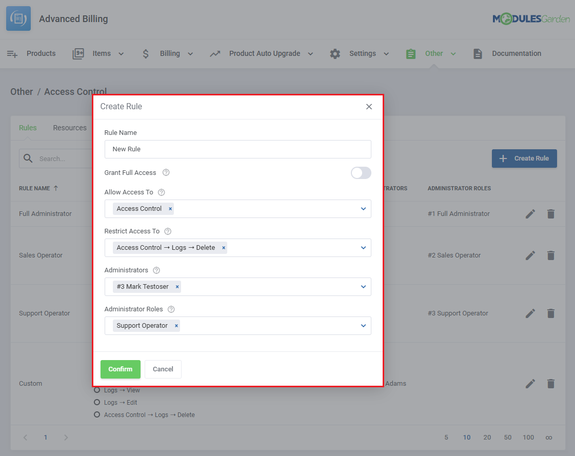 Advanced Billing For WHMCS: create Rule dialog with allow and restrict access, administrators and roles fields