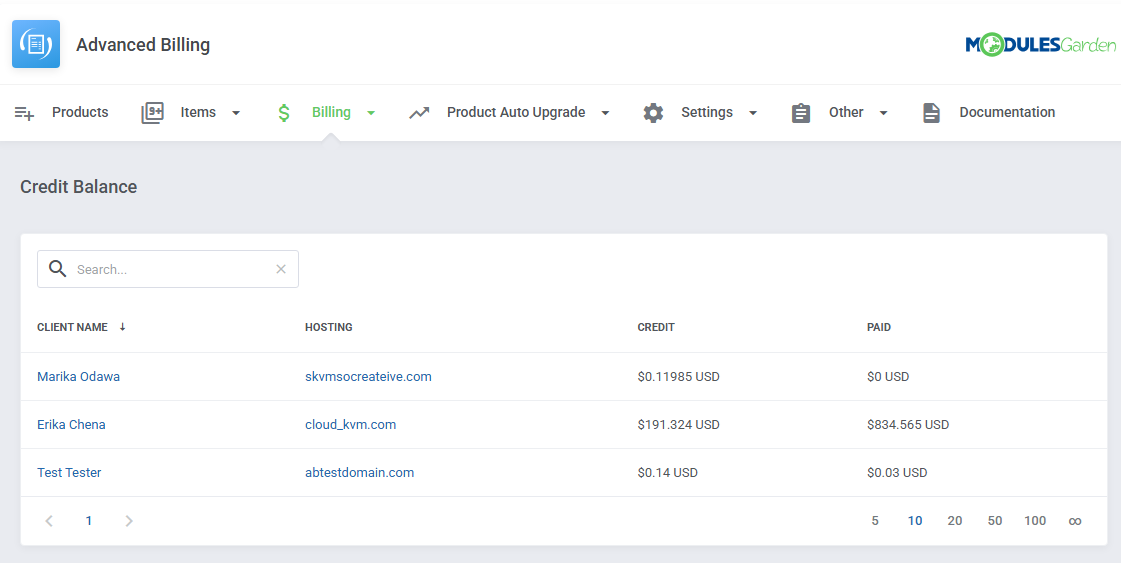 Advanced Billing For WHMCS: Credit Balance table with client name, hosting, credit and paid columns
