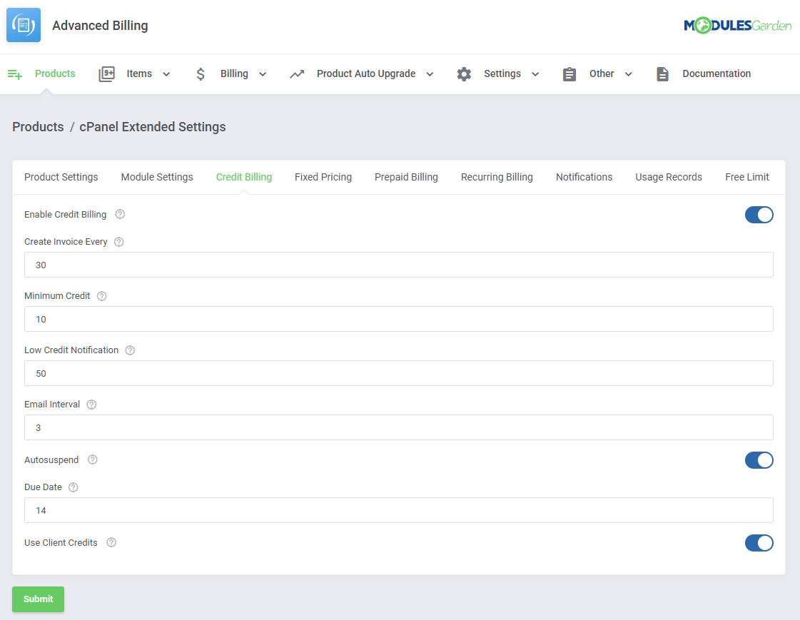 Advanced Billing For WHMCS: cPanel Extended Settings on the Credit Billing tab with invoice interval and credit limits
