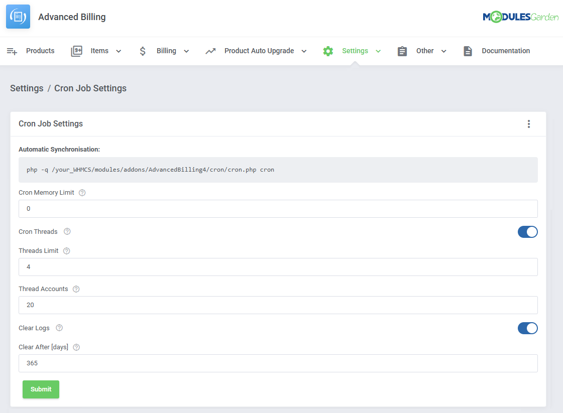 Advanced Billing For WHMCS: cron Job Settings page in the Settings menu with threads and Clear Logs options