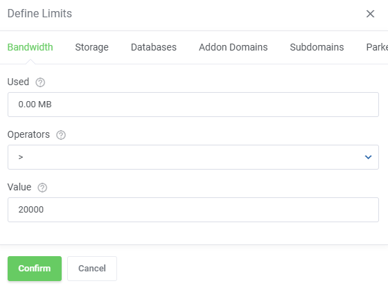 Advanced Billing For WHMCS: Define Limits dialog on the Bandwidth tab with a greater than operator and a value of 20000