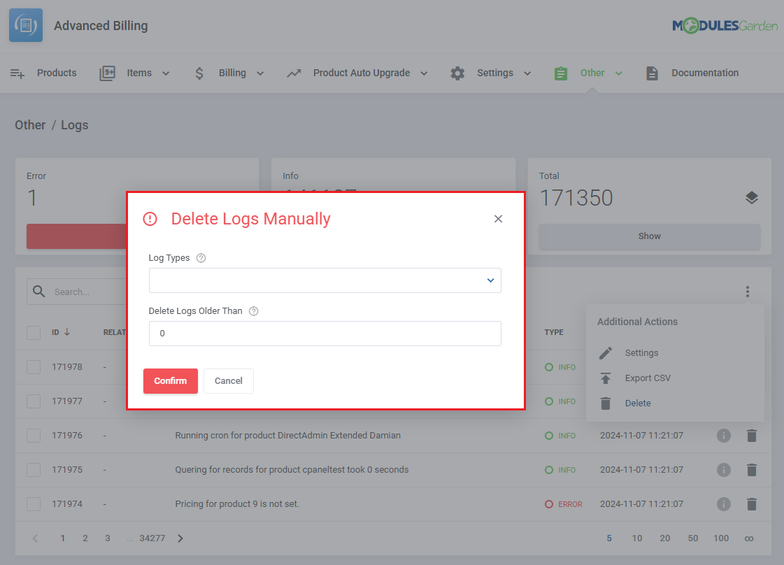 Advanced Billing For WHMCS: logs page with the Delete Logs Manually dialog, log types and age fields