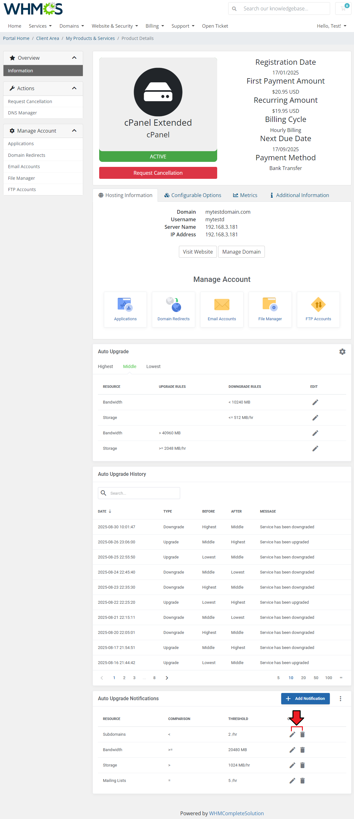 Advanced Billing For WHMCS: WHMCS client area notifications table with the edit and delete icons marked
