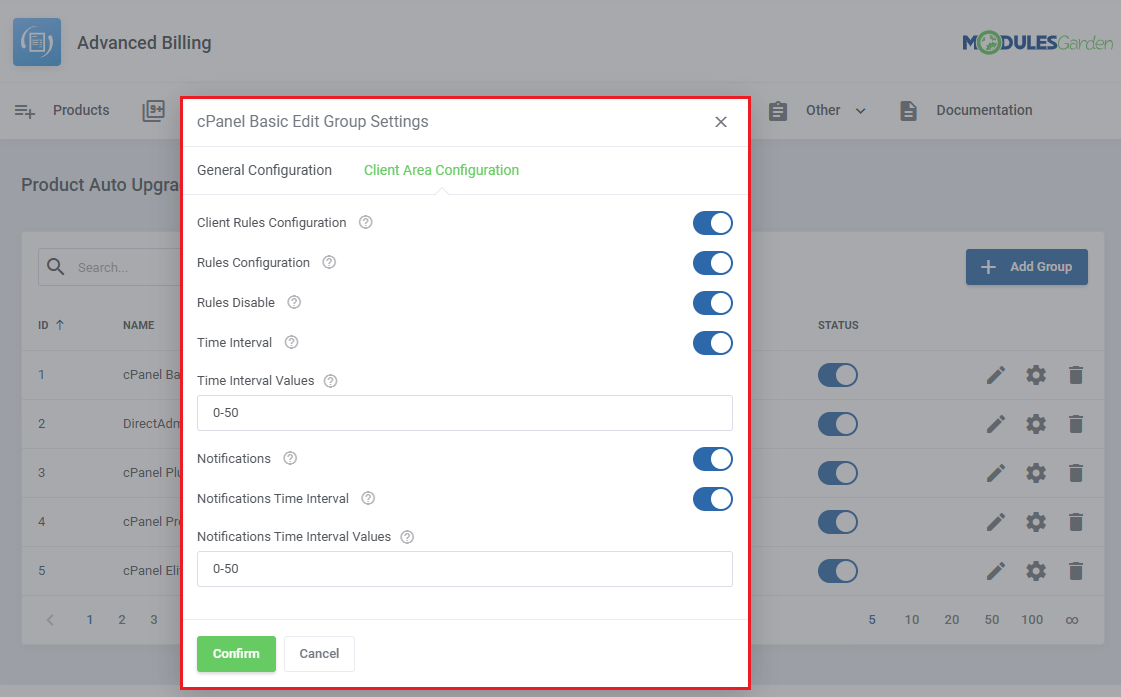 Advanced Billing For WHMCS: Edit Group Settings dialog on the Client Area Configuration tab with client rule switches
