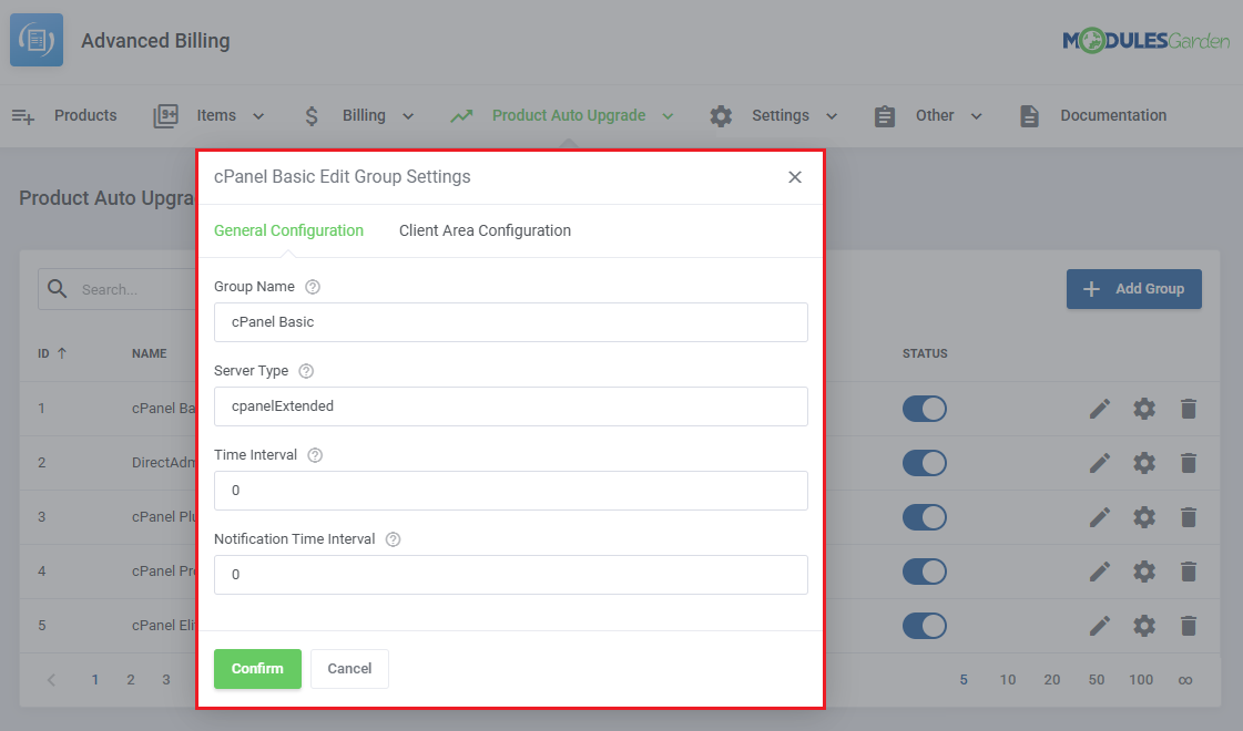 Advanced Billing For WHMCS: Edit Group Settings dialog on the General Configuration tab with name and interval fields