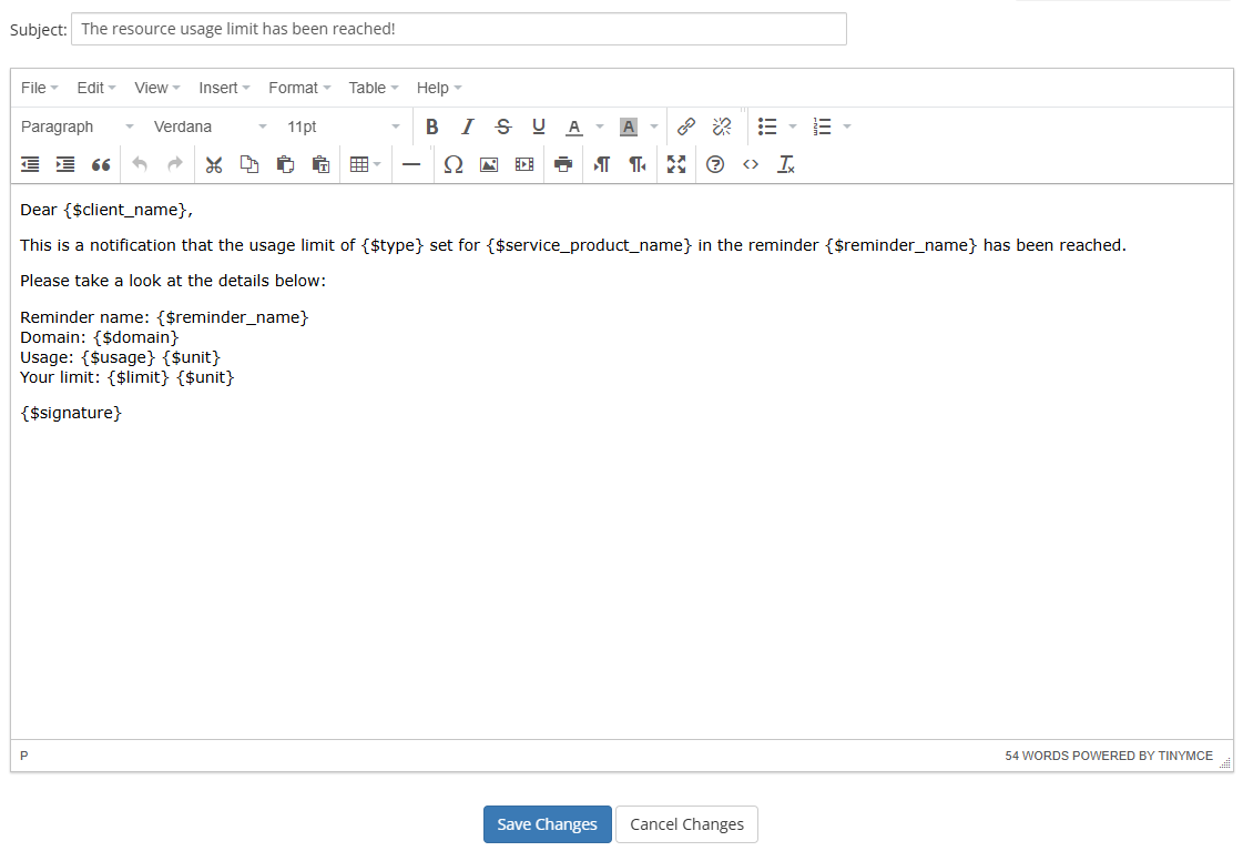 Advanced Billing For WHMCS: WHMCS email template editor for the resource usage reminder with variables in the message