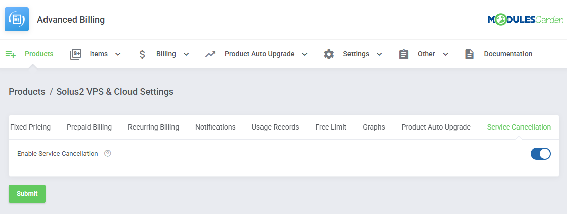 Advanced Billing For WHMCS: Service Cancellation tab in Products settings with the Enable Service Cancellation switch