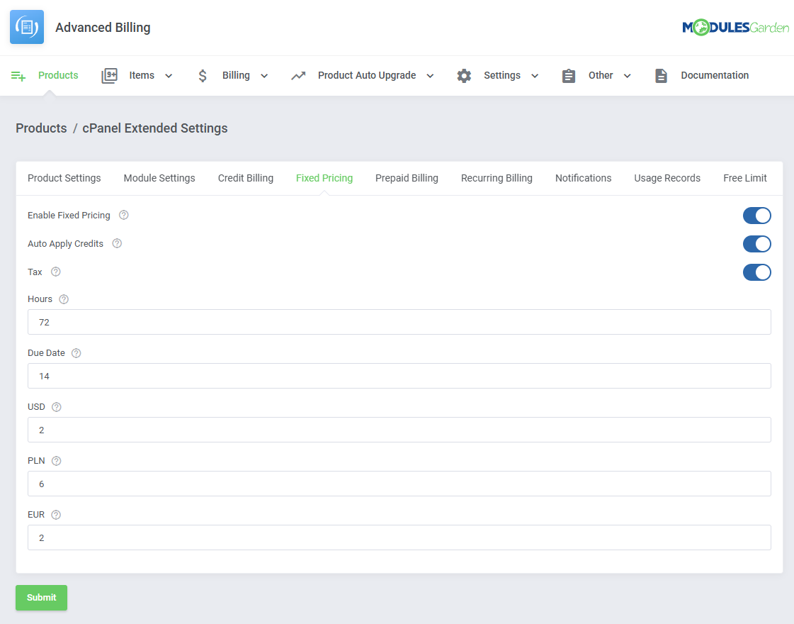 Advanced Billing For WHMCS: cPanel Extended Settings on the Fixed Pricing tab with hours, due date and currency prices