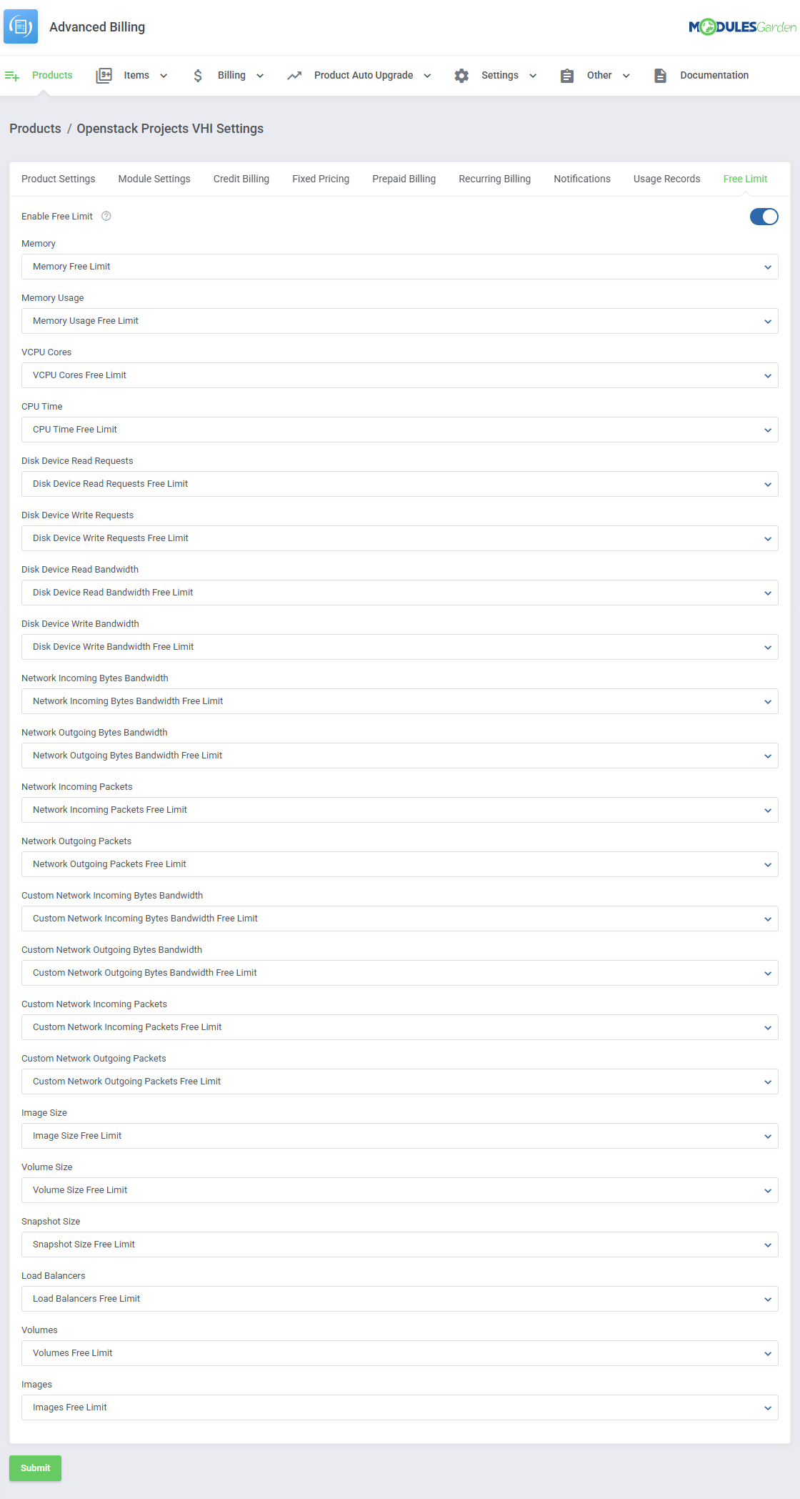 Advanced Billing For WHMCS: Openstack Projects VHI Settings on the Free Limit tab with free limit dropdowns for each