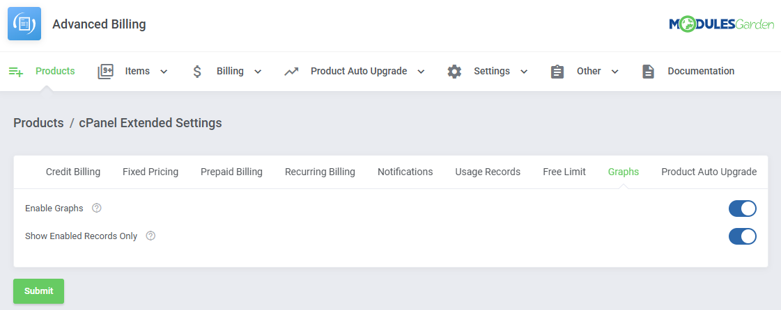 Advanced Billing For WHMCS: cPanel Extended Settings on the Graphs tab with Enable Graphs and Show Enabled Records