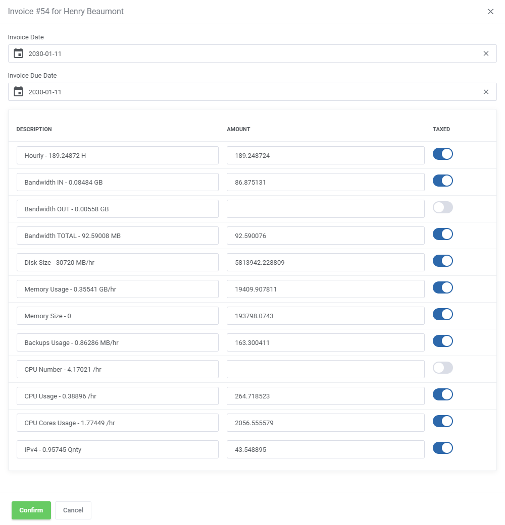 Advanced Billing For WHMCS: invoice dialog with billed item descriptions, amounts and Taxed switches