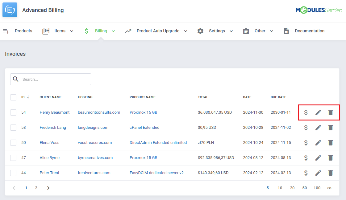 Advanced Billing For WHMCS: Billing Invoices list with the generate, edit and delete action buttons highlighted