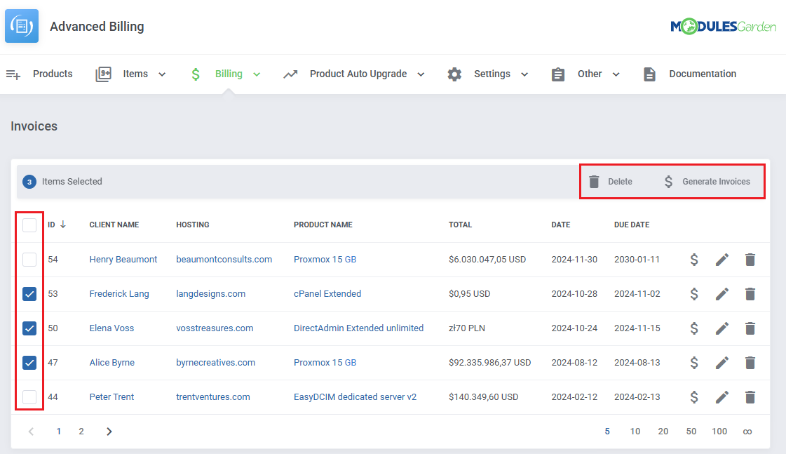 Advanced Billing For WHMCS: Invoices list with three selected invoices and the Delete and Generate Invoices buttons